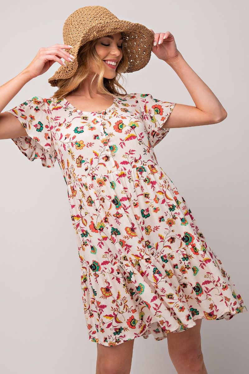 Easel Plus Printed Rayon Wing Sleeves Gauze Dress