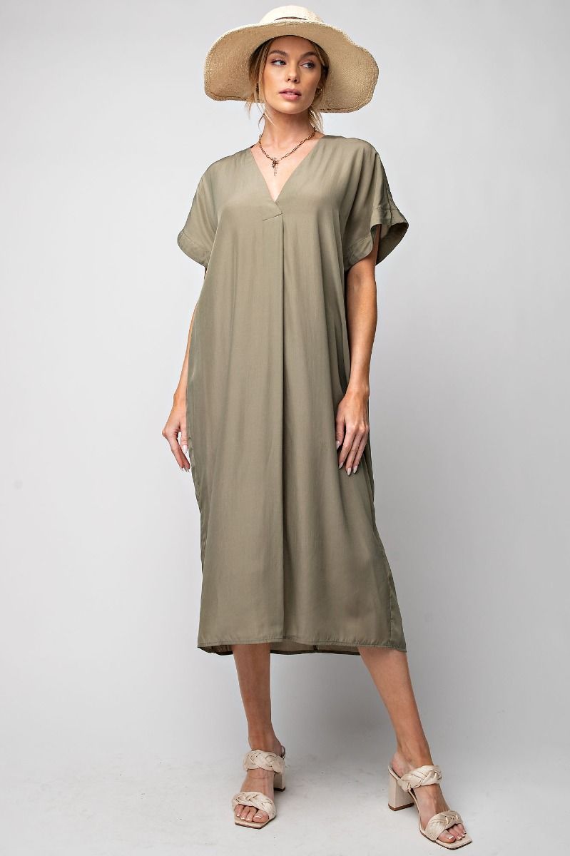 Easel Plus Soft Satin Boxy V Neck Loose Fit Dress