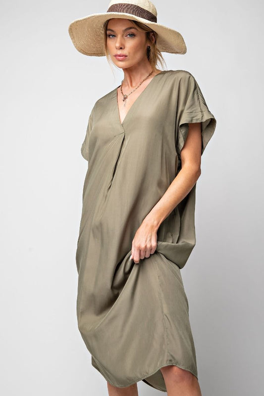 Easel Plus Soft Satin Boxy V Neck Loose Fit Dress