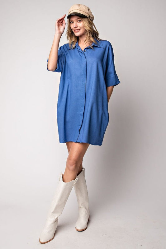 Easel Plus Linen Collared Neck Loose Fit Shirt Tunic Dress