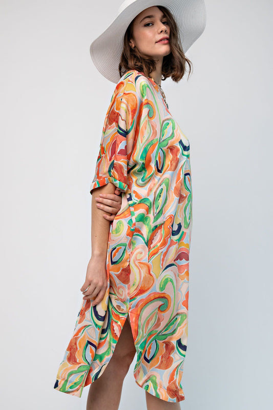 Easel Plus Printed Kimono Half Sleeves Wool Dobby Midi Dress