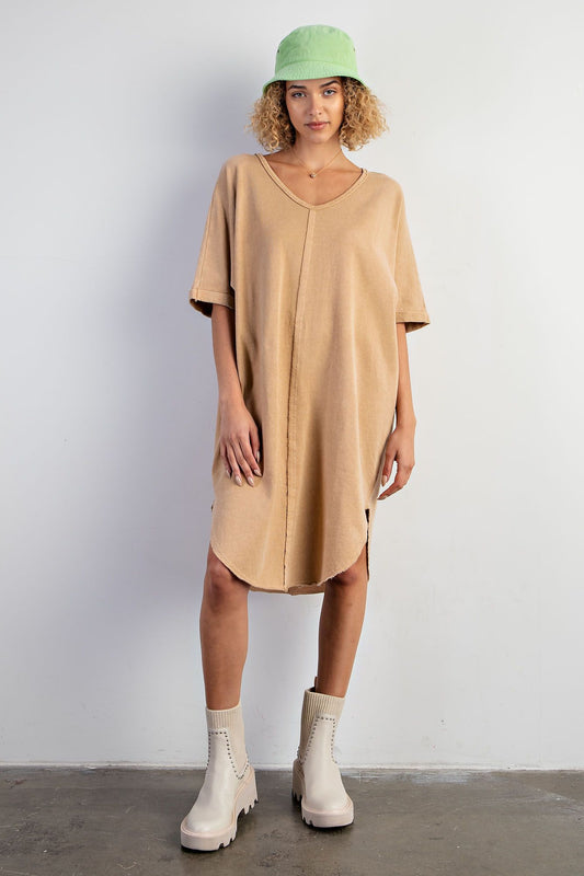 Easel Plus Mineral Washed Terry Knit V Neck Tunic Dress