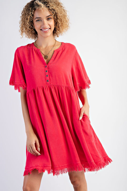 Easel Plus Frayed Mineral Washed Babydoll Tunic Dress