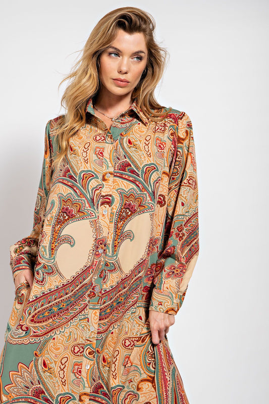 Easel Plus Paisley Printed Dull Satin Shirt Dress