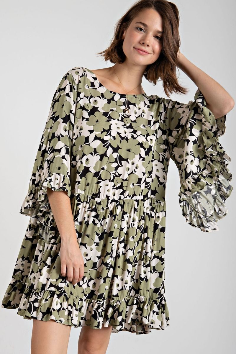 Easel Plus Floral Printed Challis Loose Fit Dress