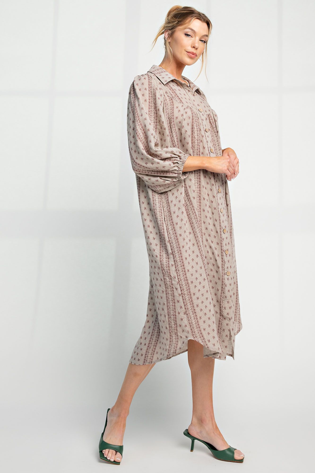 Easel Plus Cotton Gauze Button Down Round Bottom Hem Dress