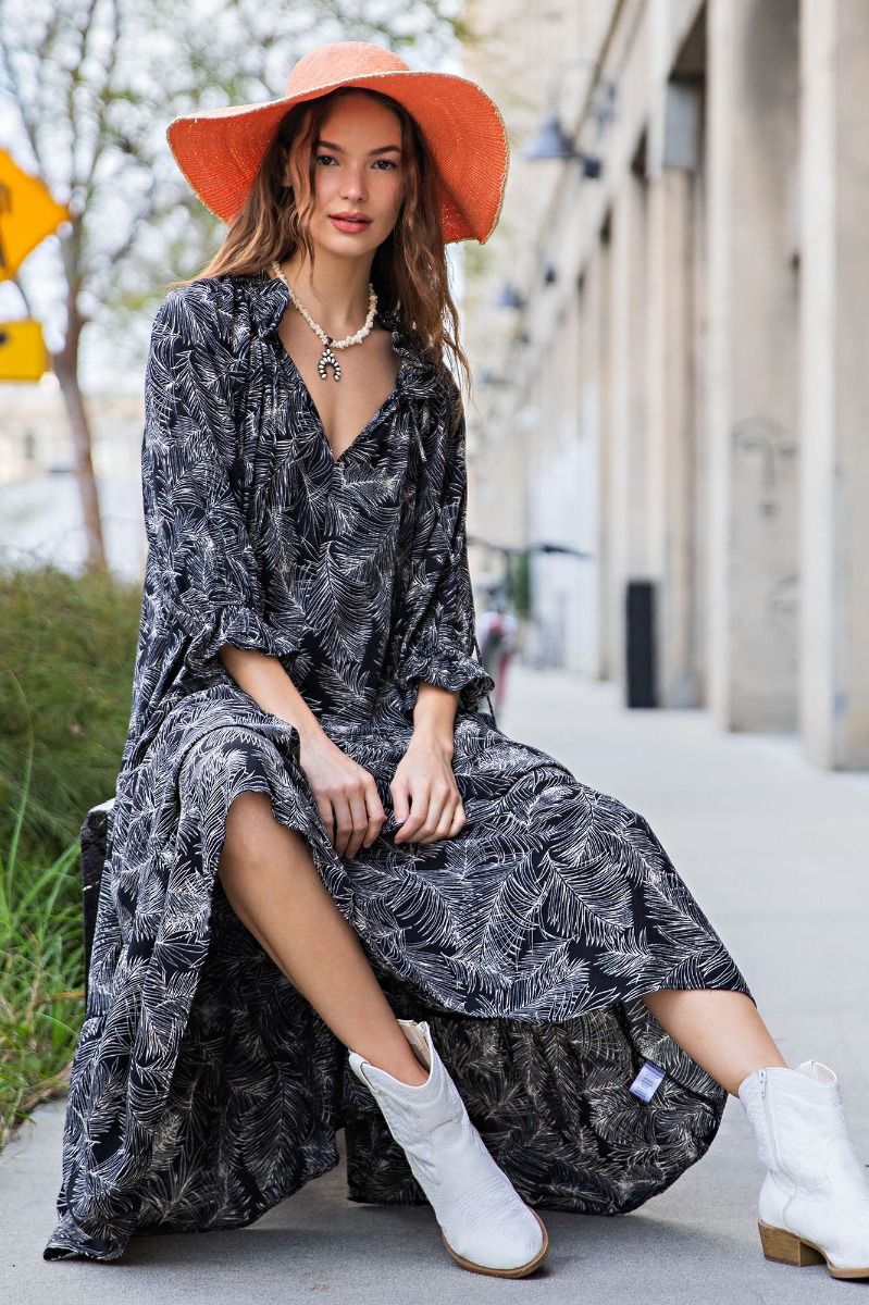 Easel Plus Leaf Print Cotton Poplin Ruffle Maxi Dress