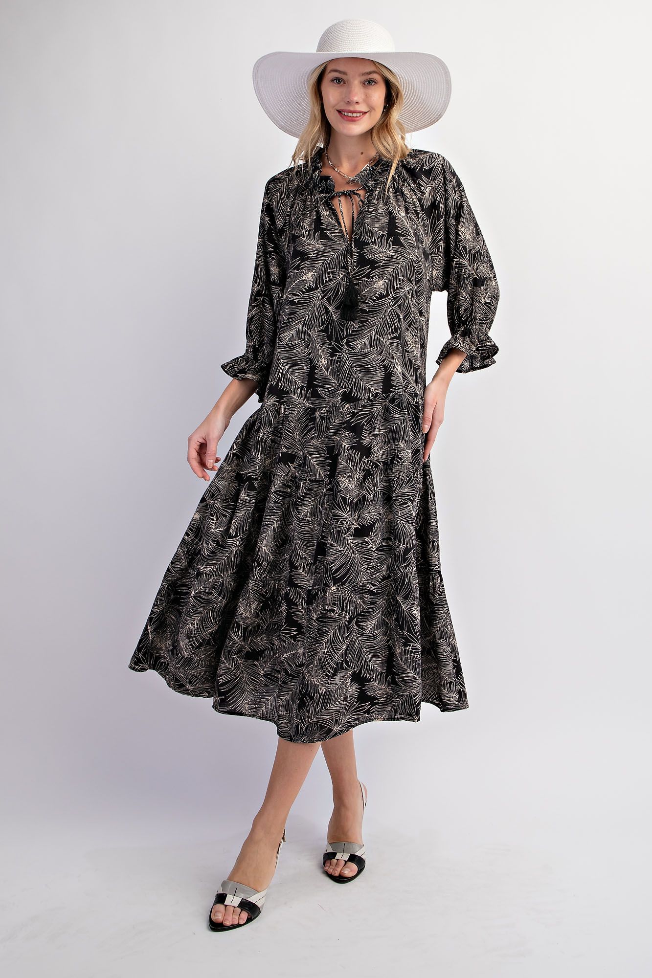 Easel Plus Leaf Print Cotton Poplin Ruffle Maxi Dress