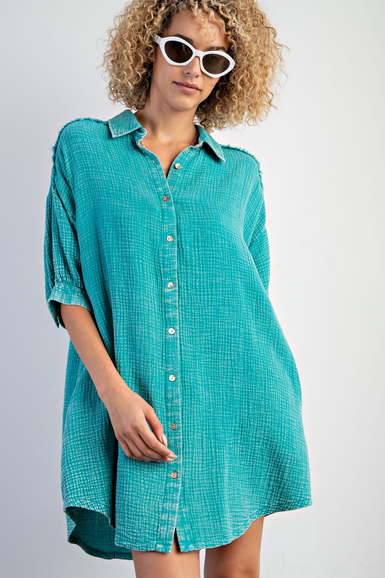 Easel Plus Mineral Washed Cotton Gauze Button Down Shirt Dress