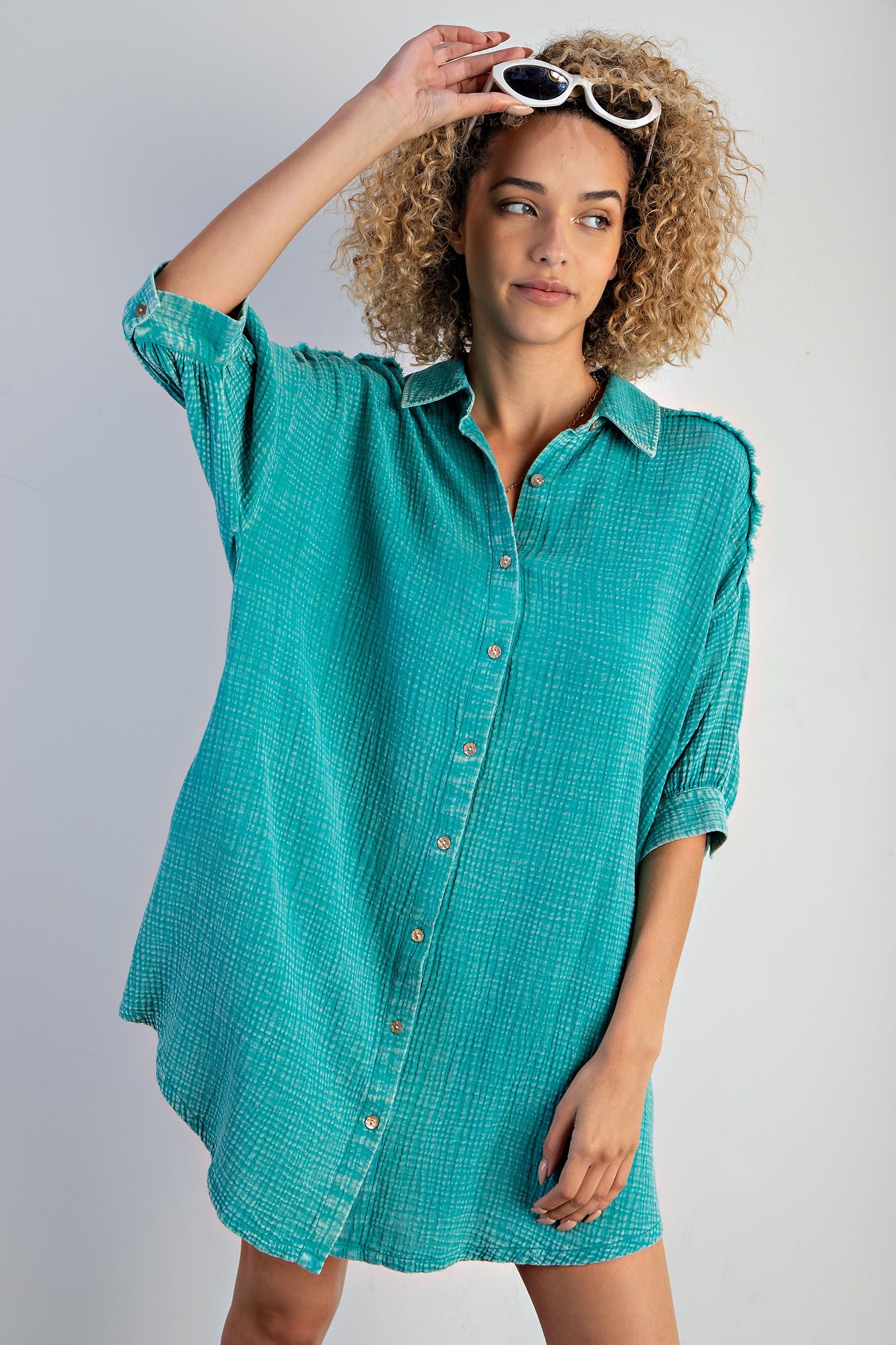 Easel Plus Mineral Washed Cotton Gauze Button Down Shirt Dress