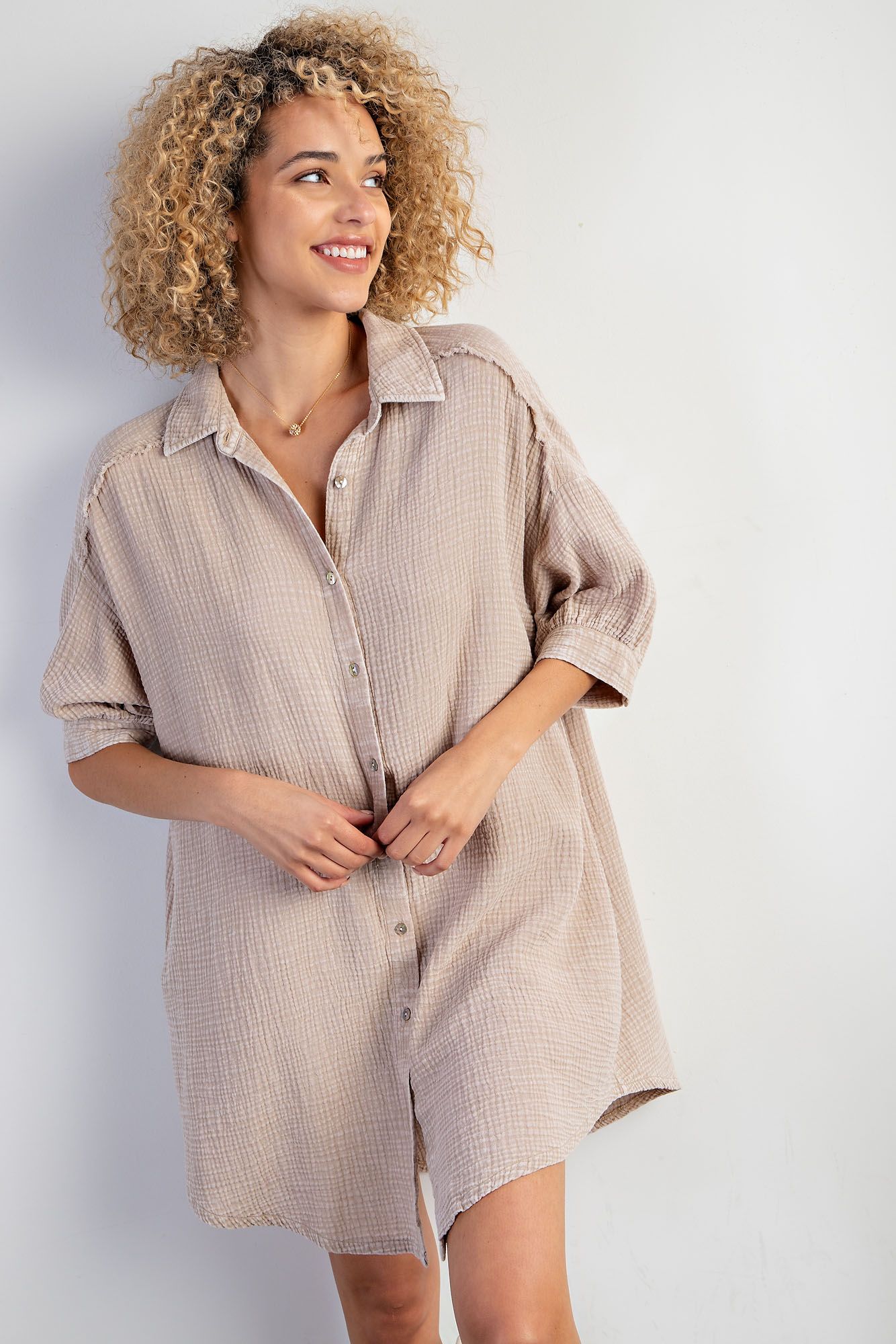 Easel Plus Mineral Washed Cotton Gauze Button Down Shirt Dress