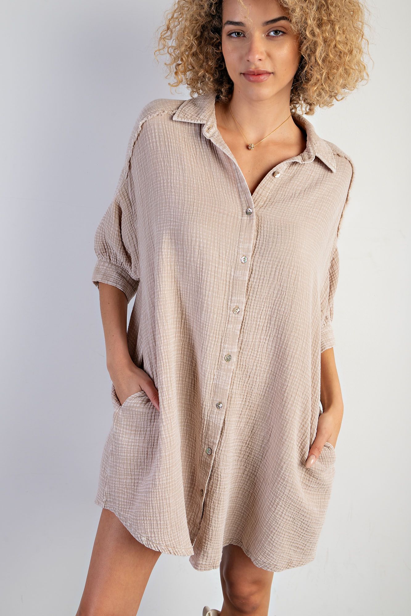 Easel Plus Mineral Washed Cotton Gauze Button Down Shirt Dress