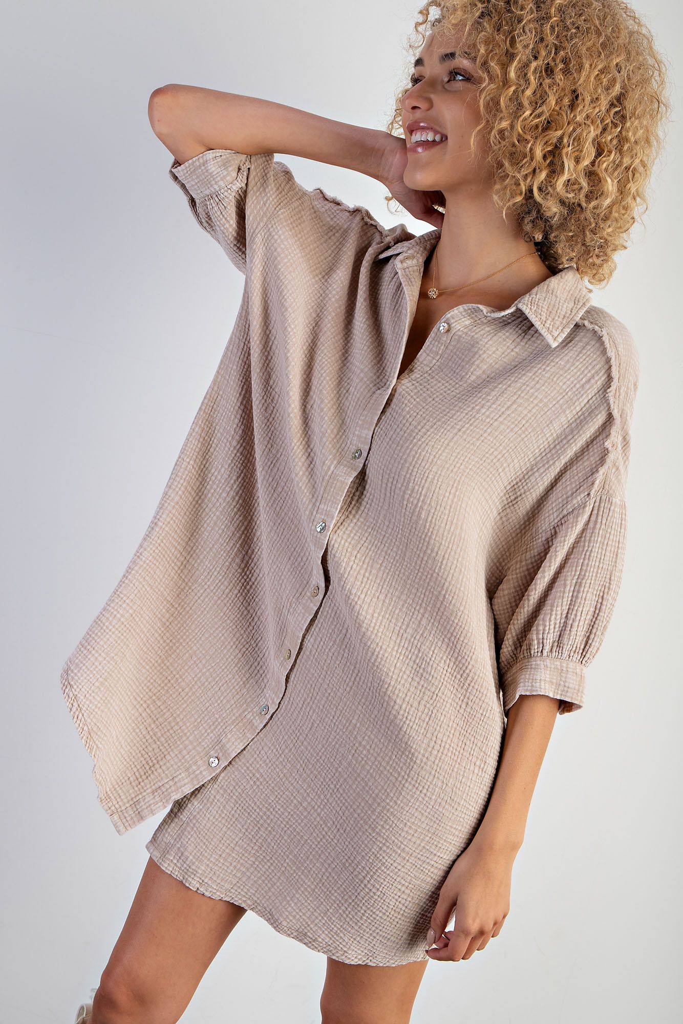 Easel Plus Mineral Washed Cotton Gauze Button Down Shirt Dress