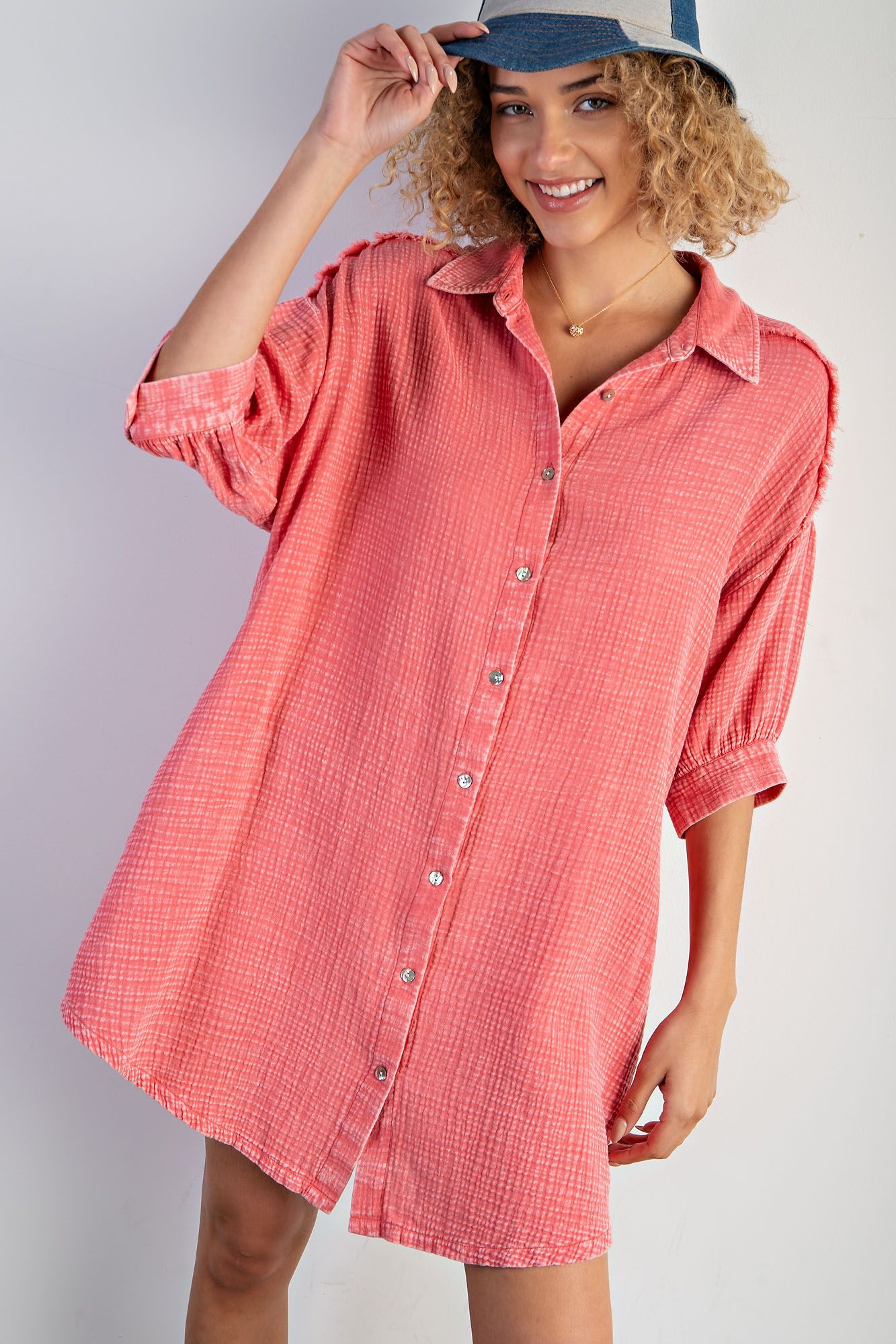 Easel Plus Mineral Washed Cotton Gauze Button Down Shirt Dress