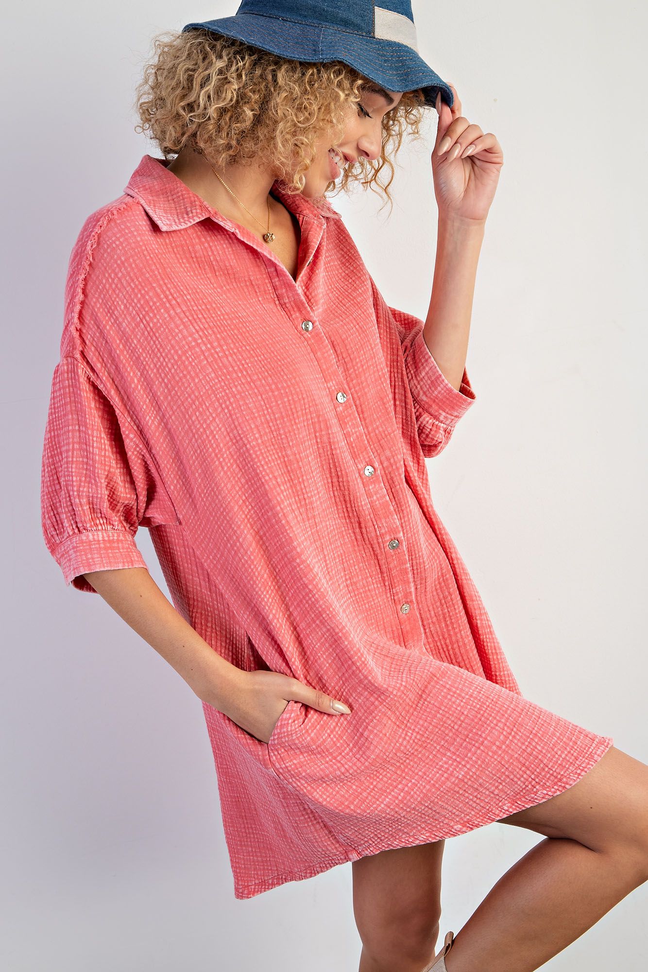 Easel Plus Mineral Washed Cotton Gauze Button Down Shirt Dress