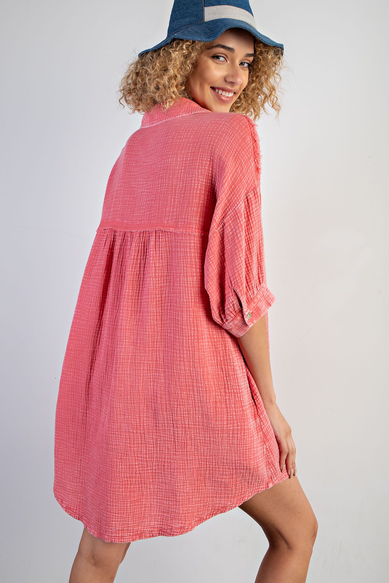Easel Plus Mineral Washed Cotton Gauze Button Down Shirt Dress
