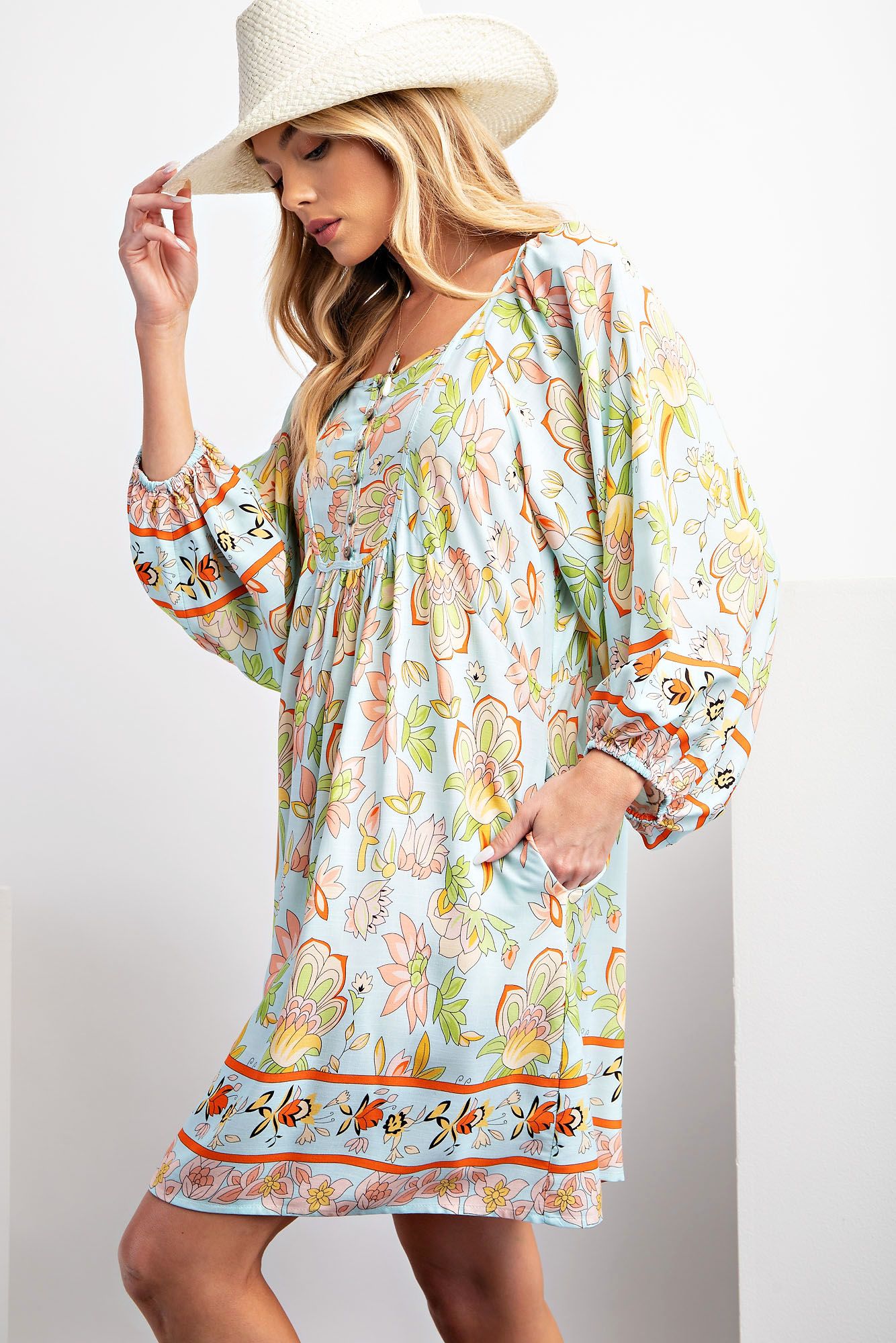 Easel Plus Border Printed Babydoll Woven Square Neck Dress