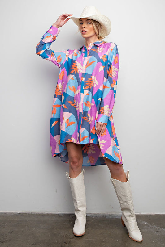 Easel Plus Printed Blossom Button Down Hi Low Shirt Dress