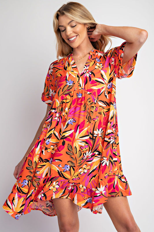 Easel Plus Printed Rayon Challis Ruffle Bottom Woven Dress