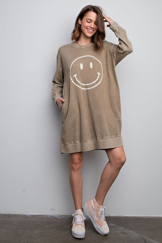 Easel Plus Mineral Washed Smiley Face Terry Knit Dress