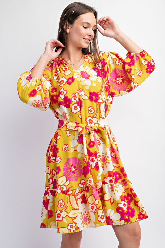 Easel Plus Printed Wool Peach Waist Tie Woven Dress