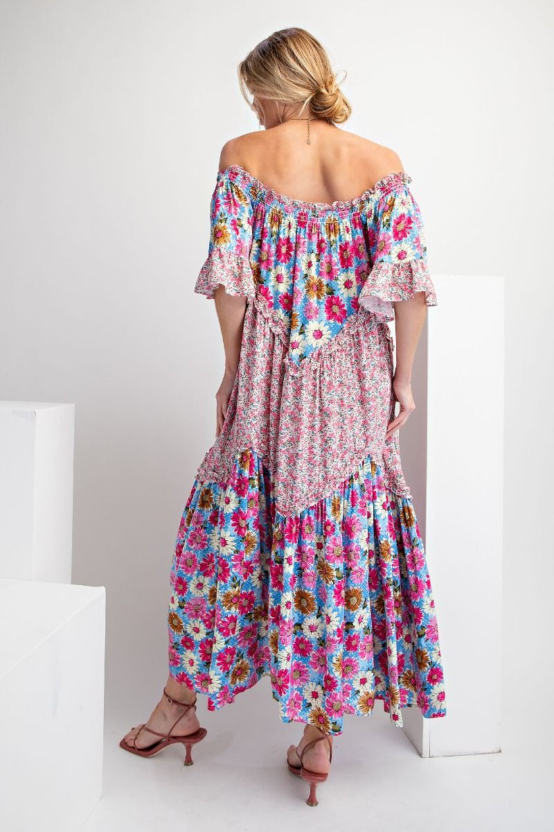 Easel Plus Smocked Neck Wing Sleeves Mix Print Maxi Dress