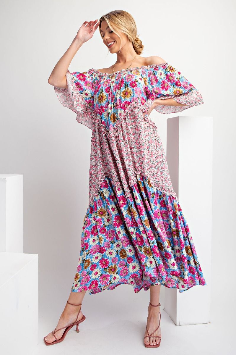 Easel Plus Smocked Neck Wing Sleeves Mix Print Maxi Dress