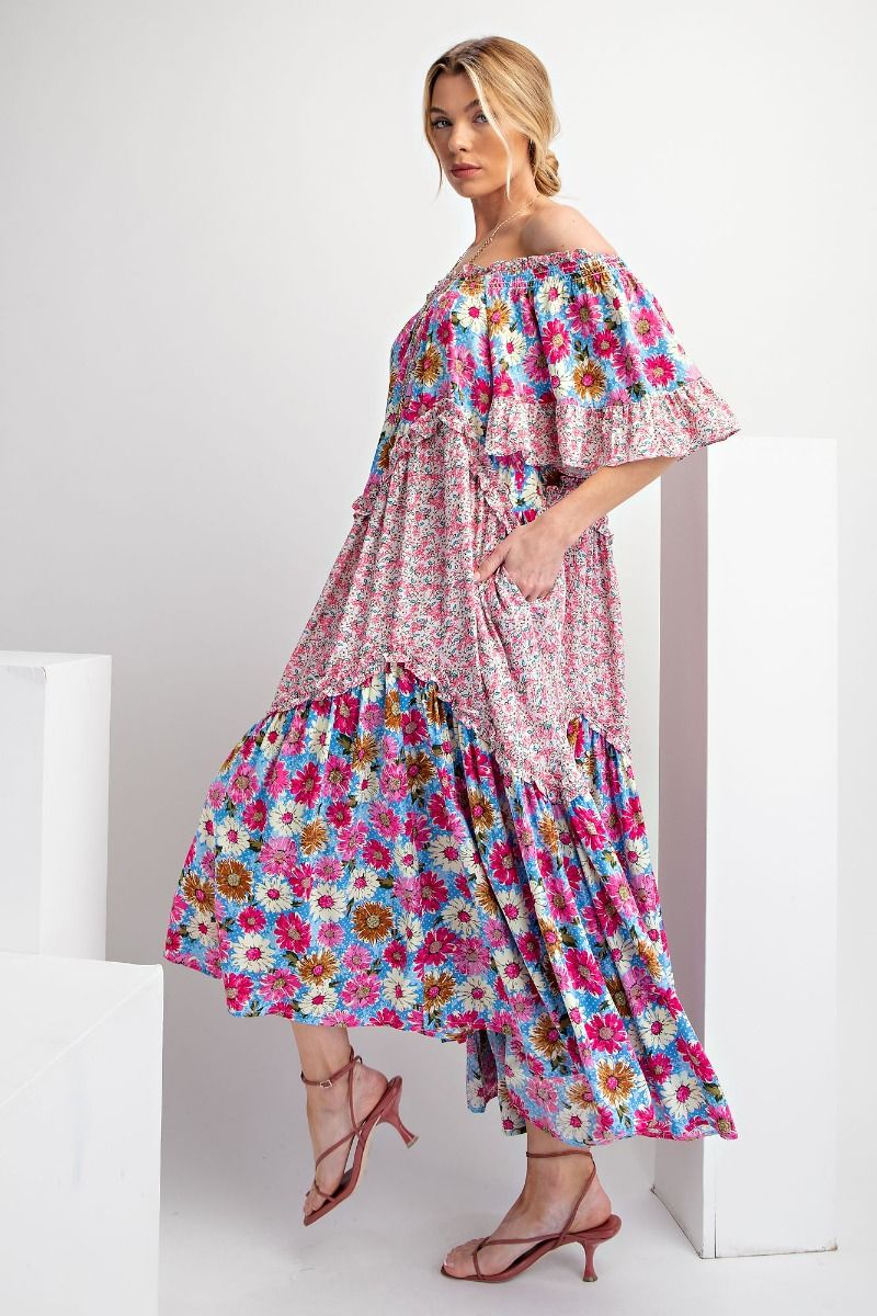 Easel Plus Smocked Neck Wing Sleeves Mix Print Maxi Dress