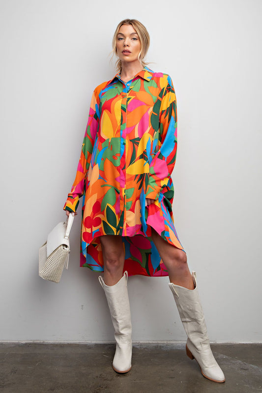 Easel Plus Multi Color Leaf Print Challis Shirt Dress
