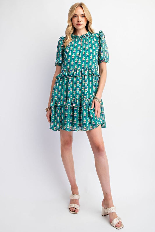 Easel Plus Geo Printed Chiffon Keyhole Tiered Dress