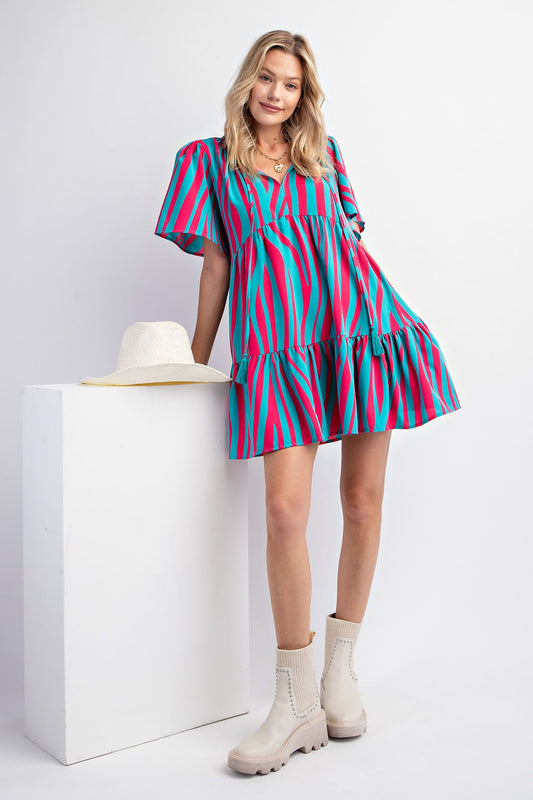 Easel Plus Curve Print Wool Peach Ruffled Woven Dress