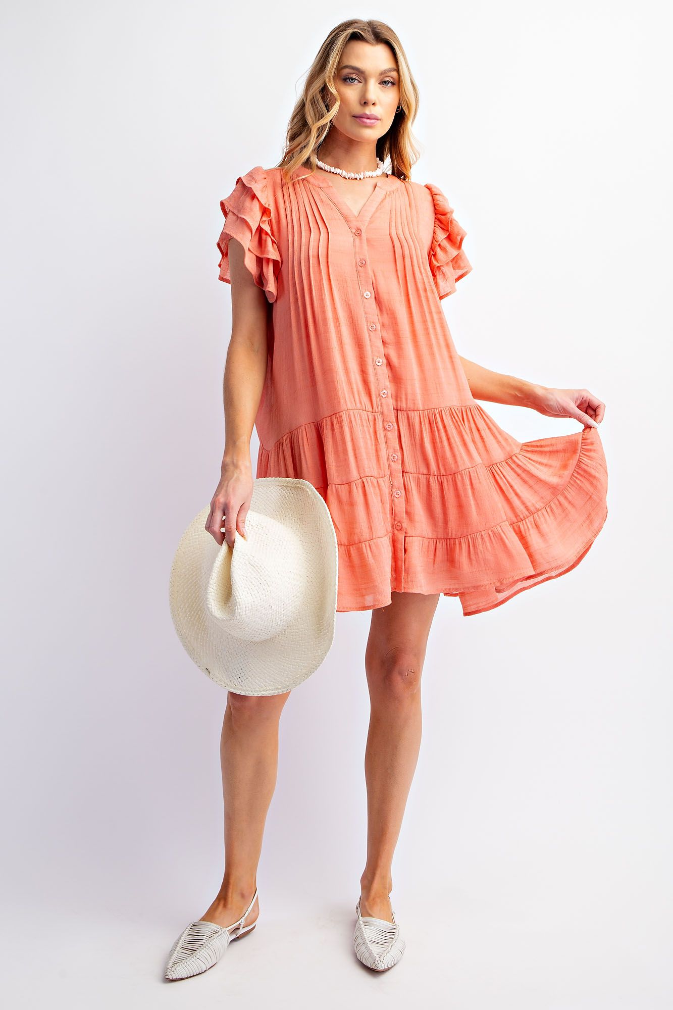 Easel Plus Ruffle Sleeves Poly Crepe Notched Neck Woven Dress