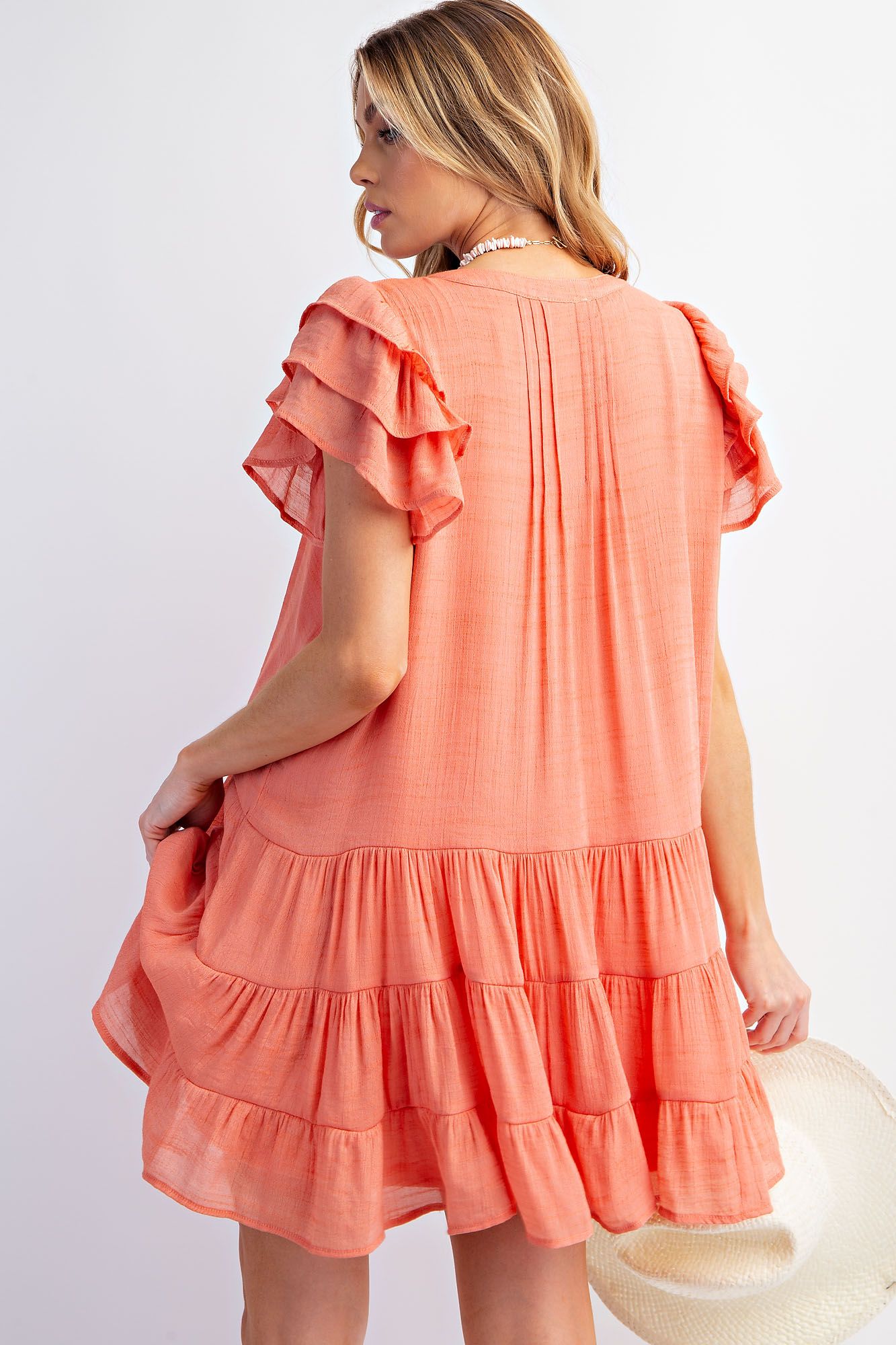 Easel Plus Ruffle Sleeves Poly Crepe Notched Neck Woven Dress