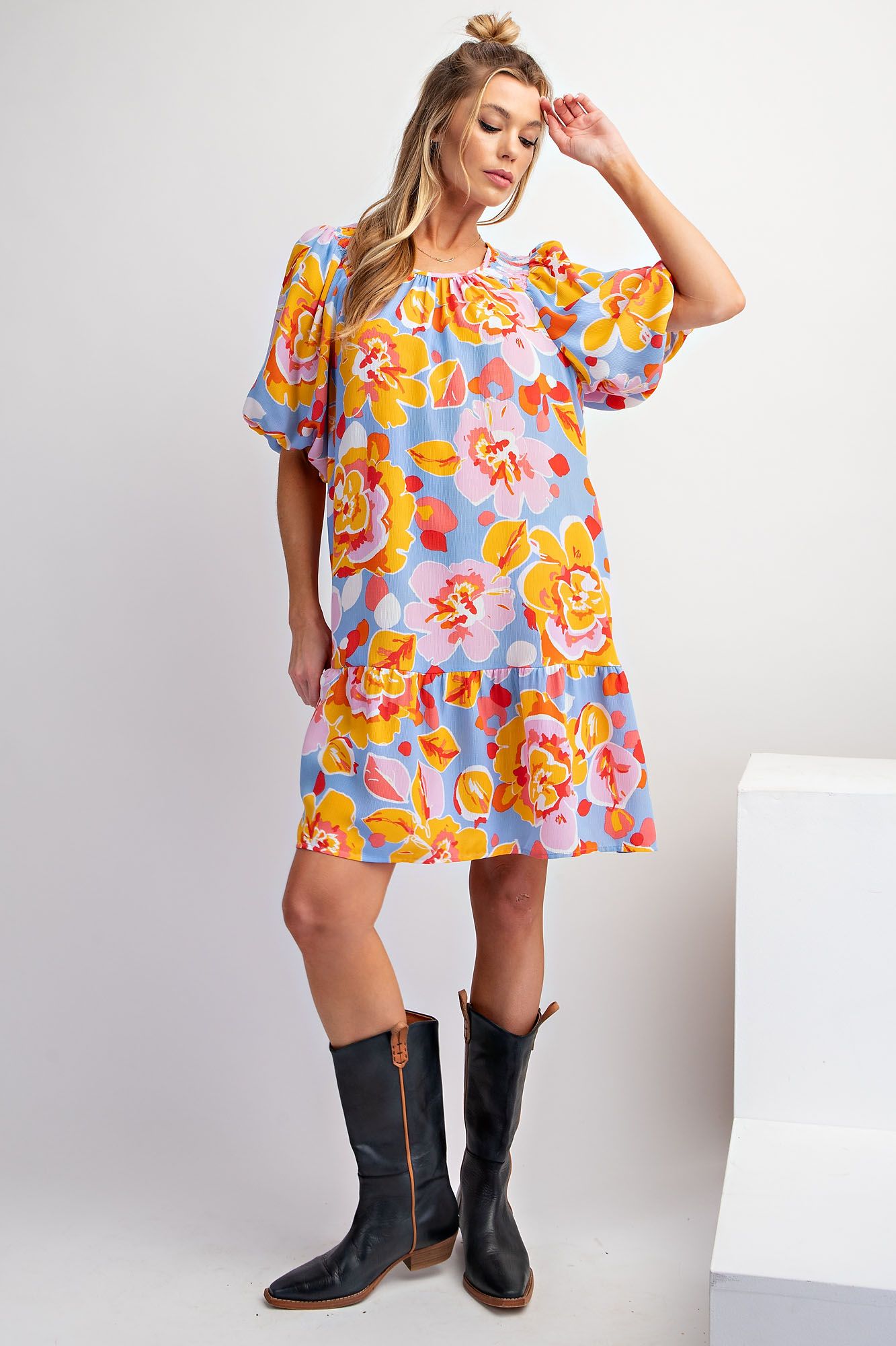 Easel Plus Tropical Print Blink Ruffle Bottom Dress