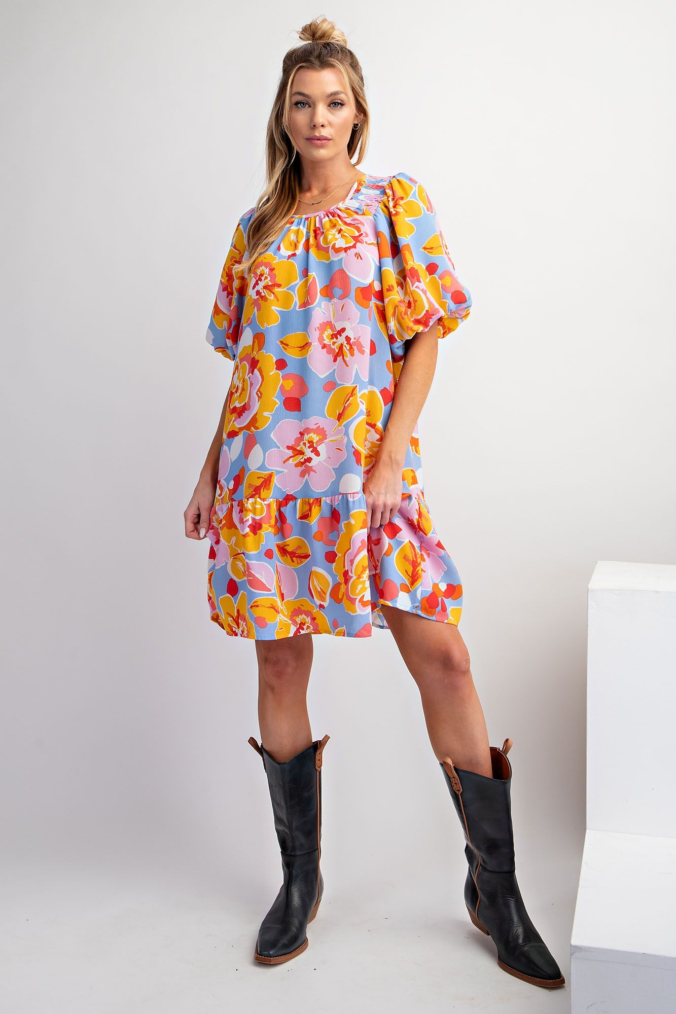 Easel Plus Tropical Print Blink Ruffle Bottom Dress