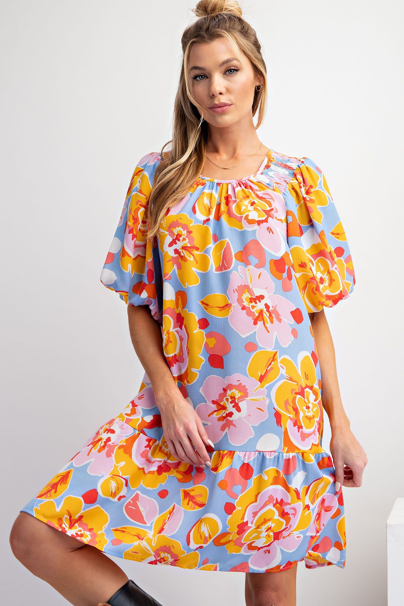 Easel Plus Tropical Print Blink Ruffle Bottom Dress
