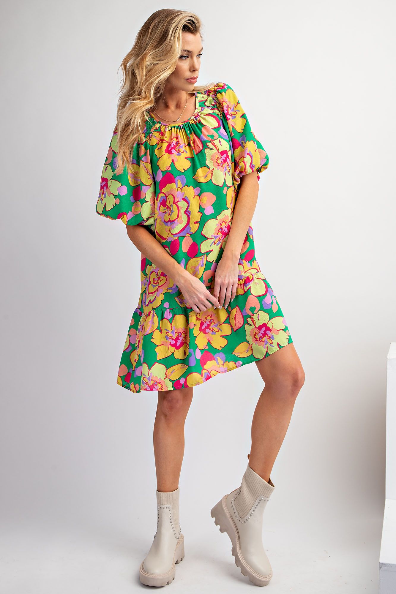 Easel Plus Tropical Print Blink Ruffle Bottom Dress