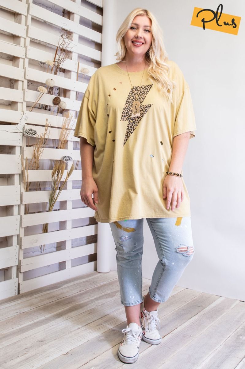 Easel Plus Lightning Printed Mineral Washed Distressed Tee Tops