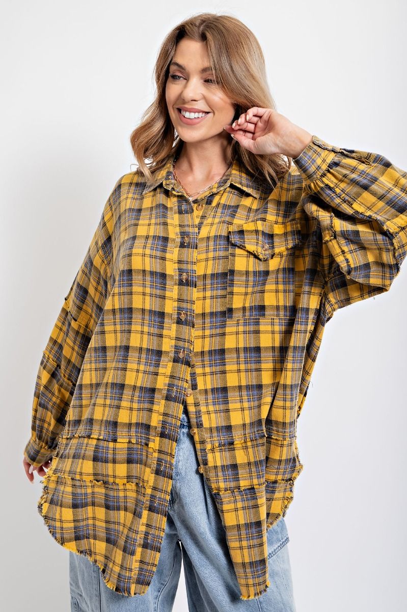 Easel Plus Mineral Washed Plaid Button Down Front Shirt Tops
