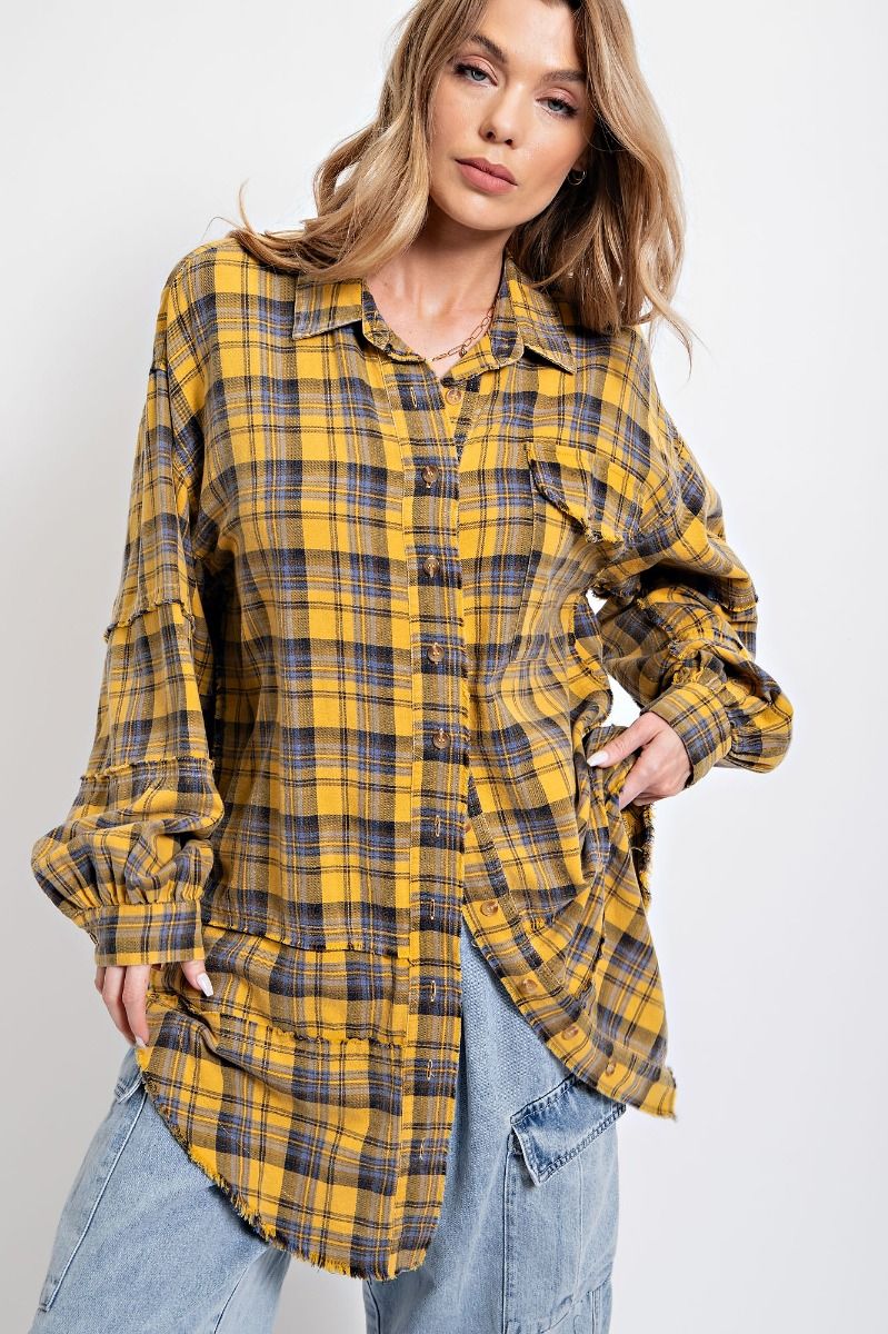 Easel Plus Mineral Washed Plaid Button Down Front Shirt Tops