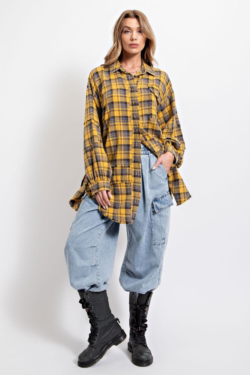 Easel Plus Mineral Washed Plaid Button Down Front Shirt Tops