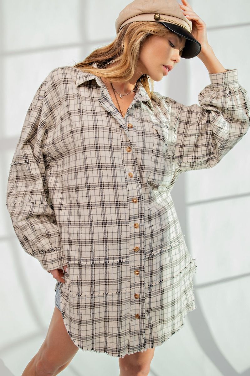 Easel Plus Mineral Washed Plaid Button Down Front Shirt Tops