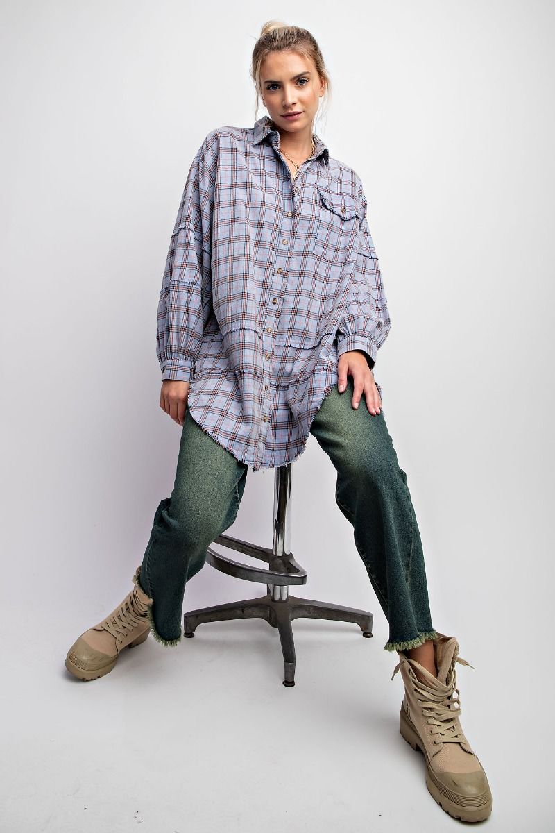 Easel Plus Mineral Washed Plaid Button Down Front Shirt Tops