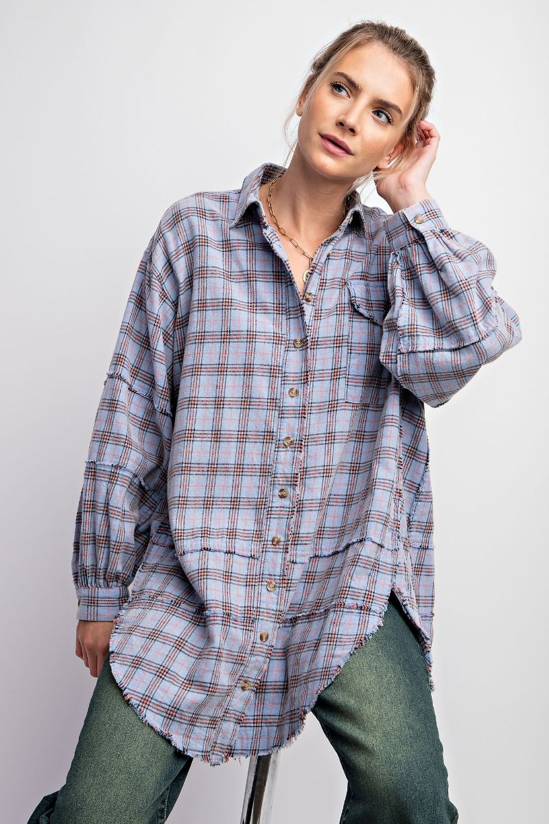 Easel Plus Mineral Washed Plaid Button Down Front Shirt Tops