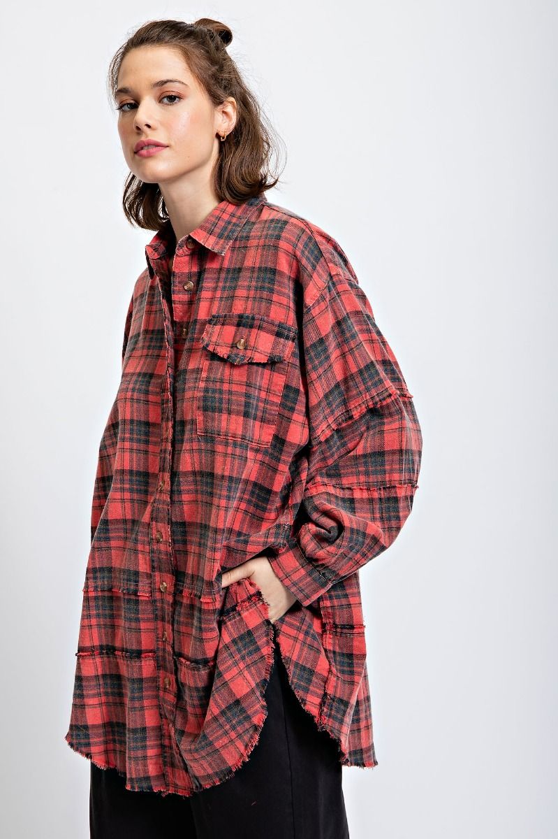 Easel Plus Mineral Washed Plaid Button Down Front Shirt Tops