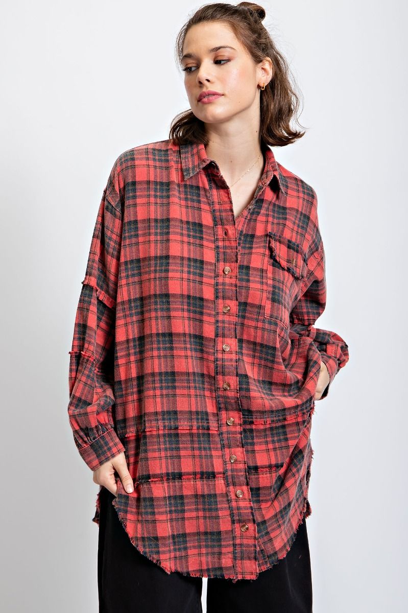 Easel Plus Mineral Washed Plaid Button Down Front Shirt Tops