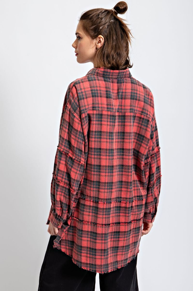 Easel Plus Mineral Washed Plaid Button Down Front Shirt Tops