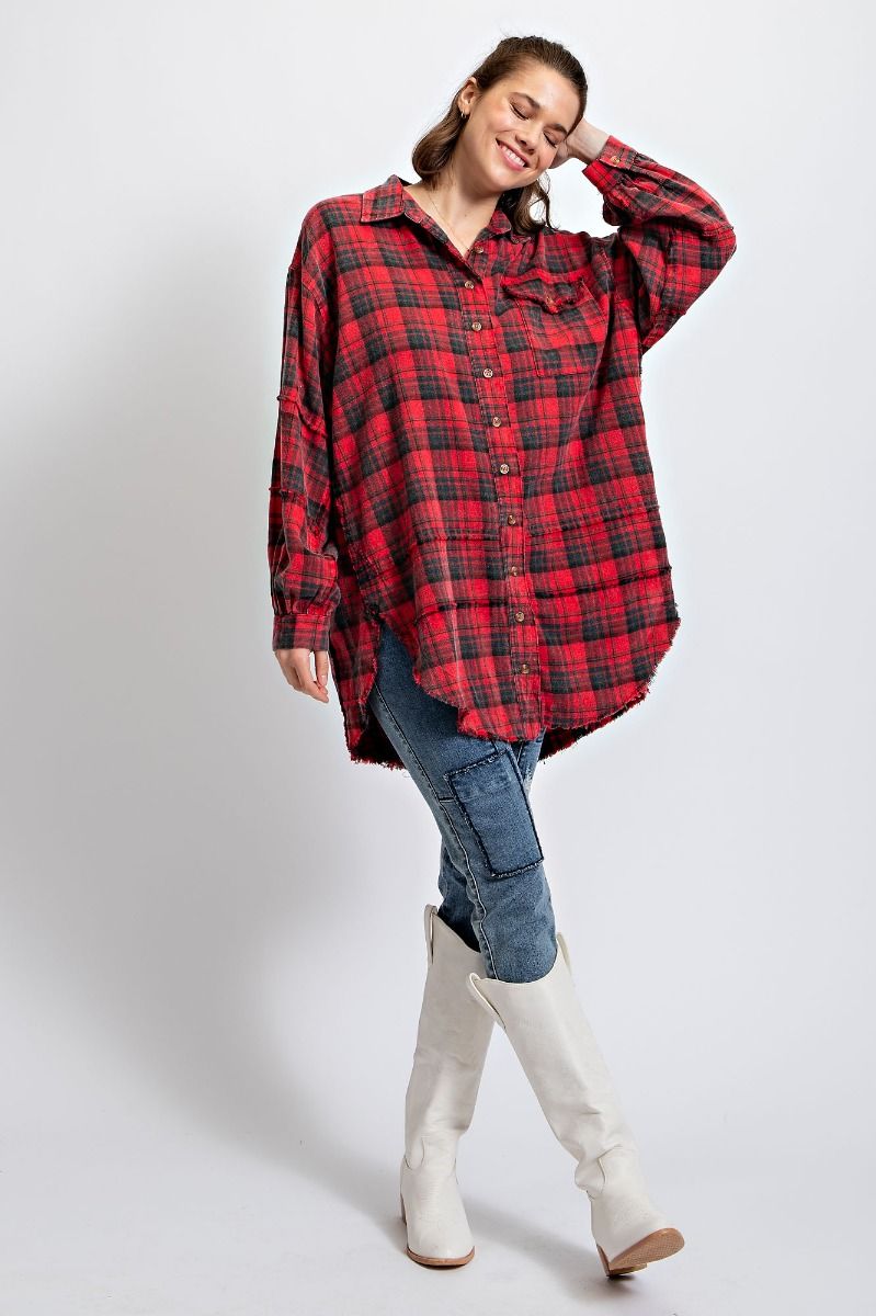 Easel Plus Mineral Washed Plaid Button Down Front Shirt Tops