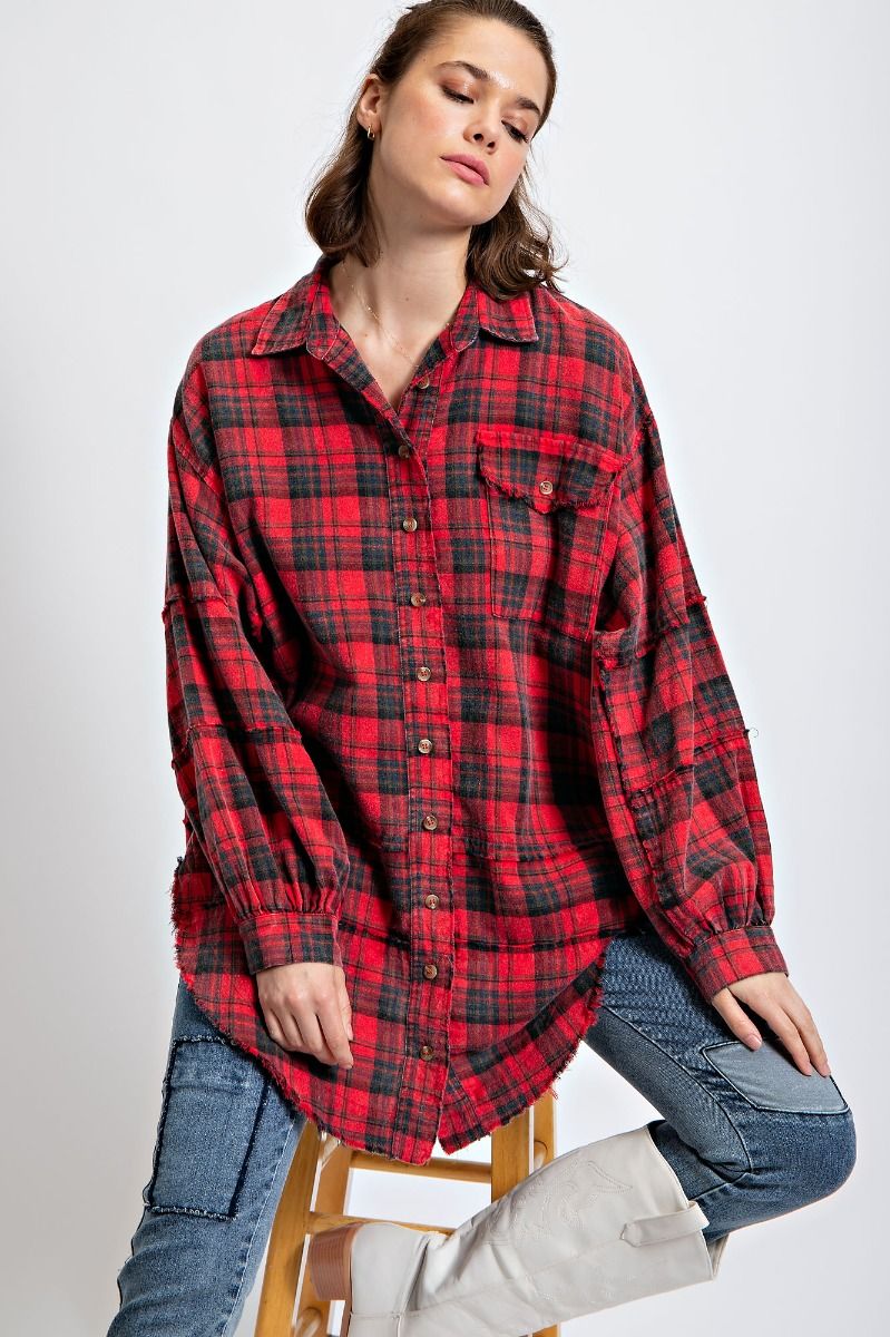Easel Plus Mineral Washed Plaid Button Down Front Shirt Tops