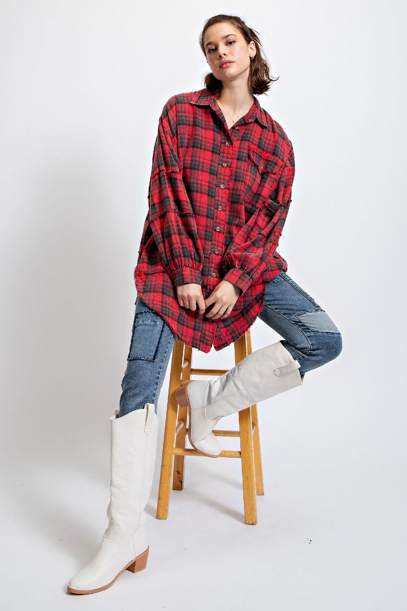Easel Plus Mineral Washed Plaid Button Down Front Shirt Tops